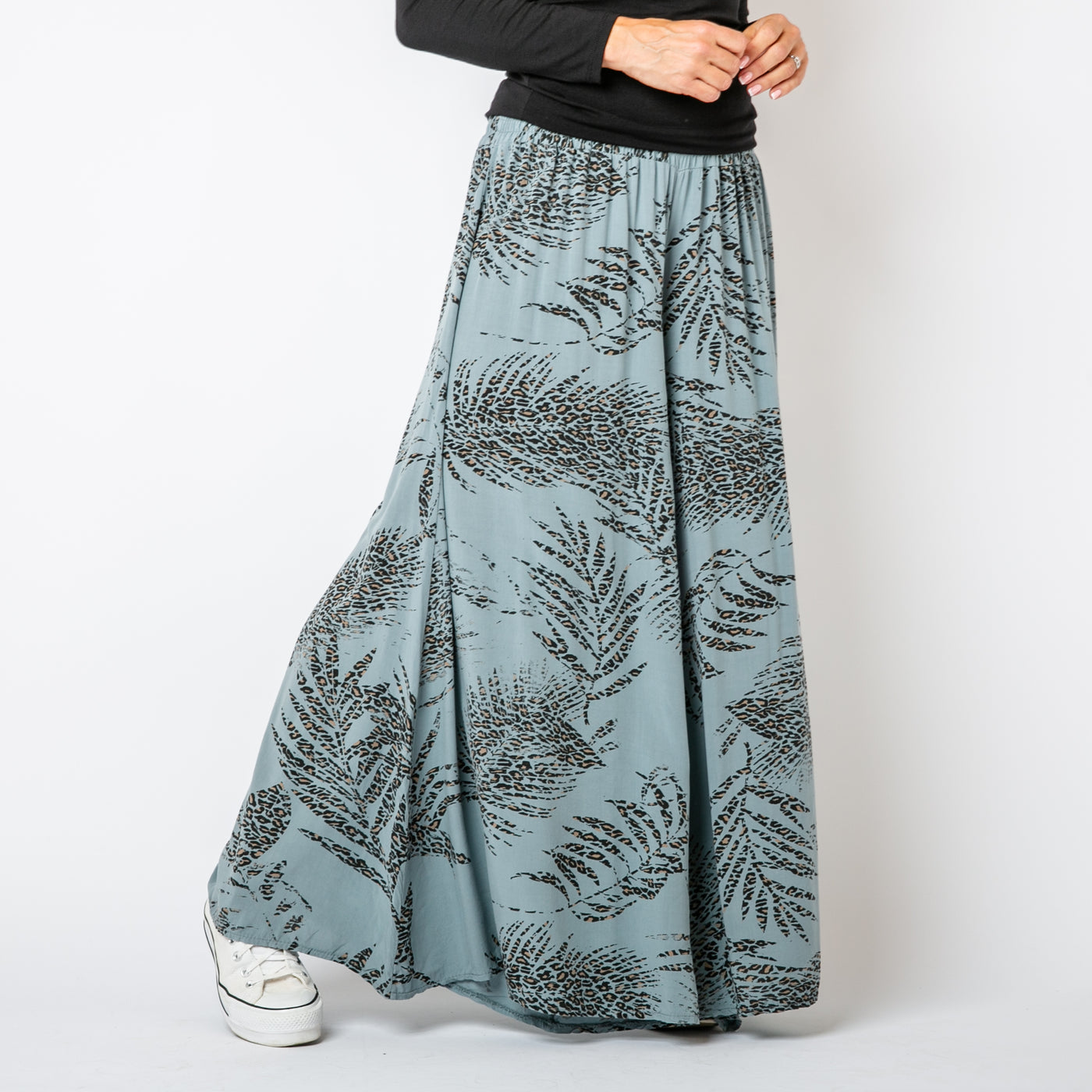 The denim blue Leopard Leaf Wide Leg Trousers with an elasticated waistband for added comfort