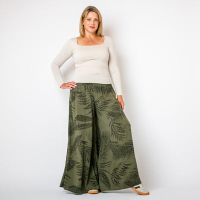 The khaki green Leopard Leaf Wide Leg Trousers with an elasticated waistband for added comfort