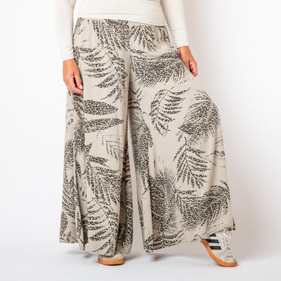 The stone cream Leopard Leaf Wide Leg Trousers with an elasticated waistband for added comfort