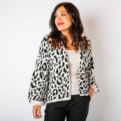 The black Leopard Print Cardigan featuring a fun animal print pattern in contrasting colours