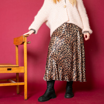 The Leopard Slip Skirt featuring different shades of brown and black