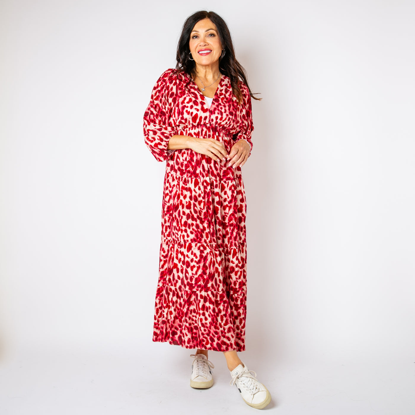 The cherry red Leopard Tiered Dress with 3/4 length sleeves that have elasticated cuffs for added comfort