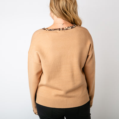 The biscuit brown Leopard Trim Jumper made from a blend of wool, nylon and viscose