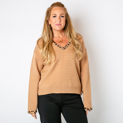 The biscuit brown Leopard Trim Jumper with long sleeves and a v neckline