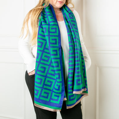 The Libby Pattern Scarf in royal blue and green, super soft and cosy, made from a blend of viscose and wool