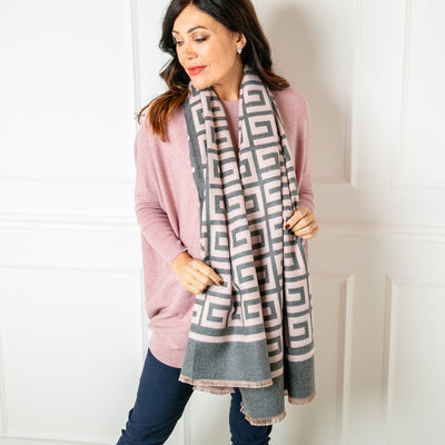 The Libby Pattern Scarf in pink and grey featuring a fun geometric square swirl print pattern