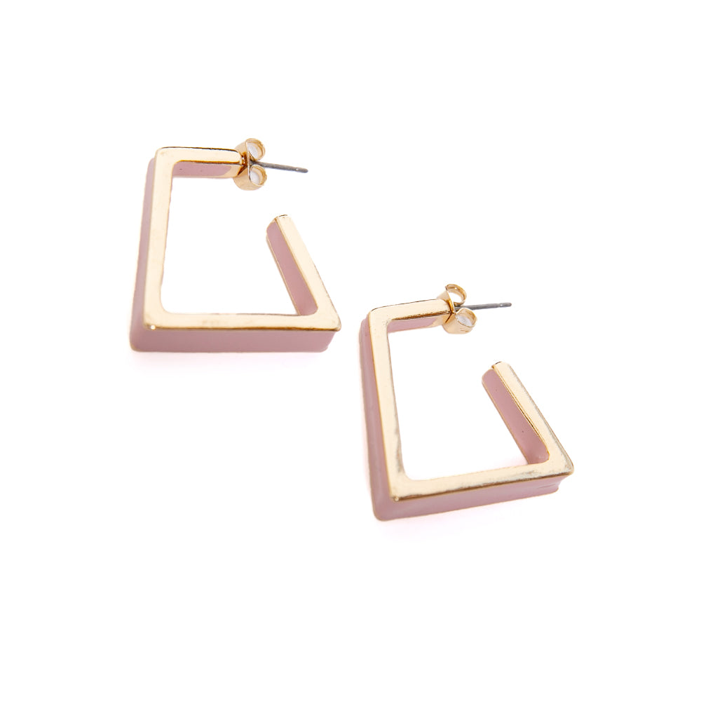 The rectangular shaped Liberty earrings in pink with gold on either side
