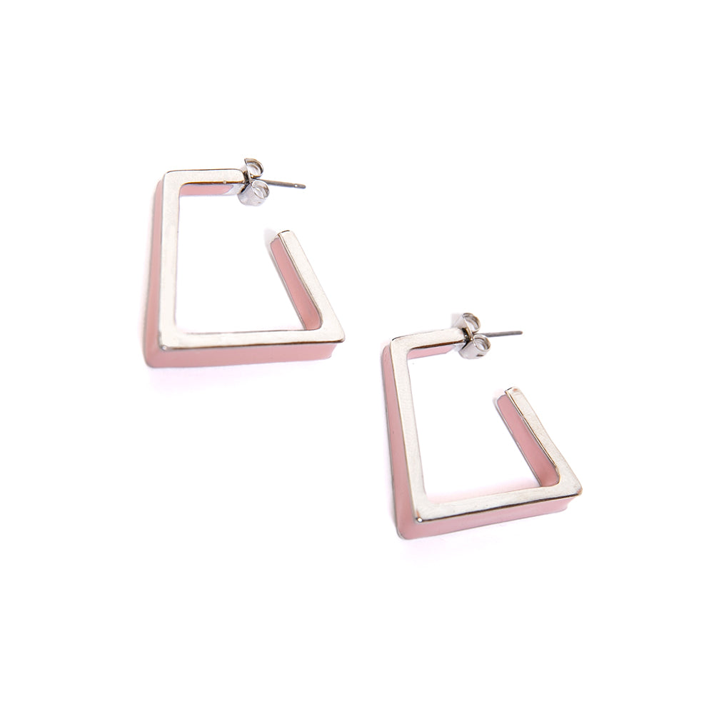 The rectangular shaped Liberty earrings in pink with silver on either side