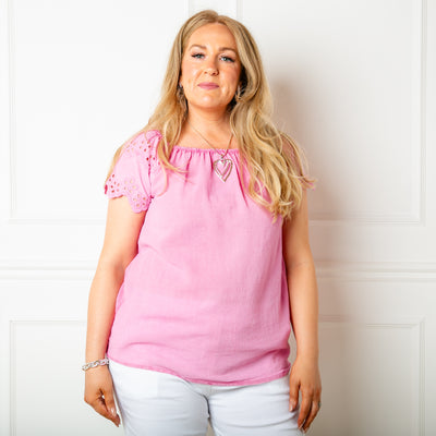 The pink Linen Blend Flutter Top which is made from a mix of cotton and linen and is perfect for summer