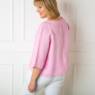 The pink Linen Button Pleat Top with pearl effect buttons down the front and a pleat detail between the hips on the front