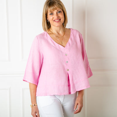 The pink Linen Button Pleat Top made from 100% linen, lightweight and perfect for summer