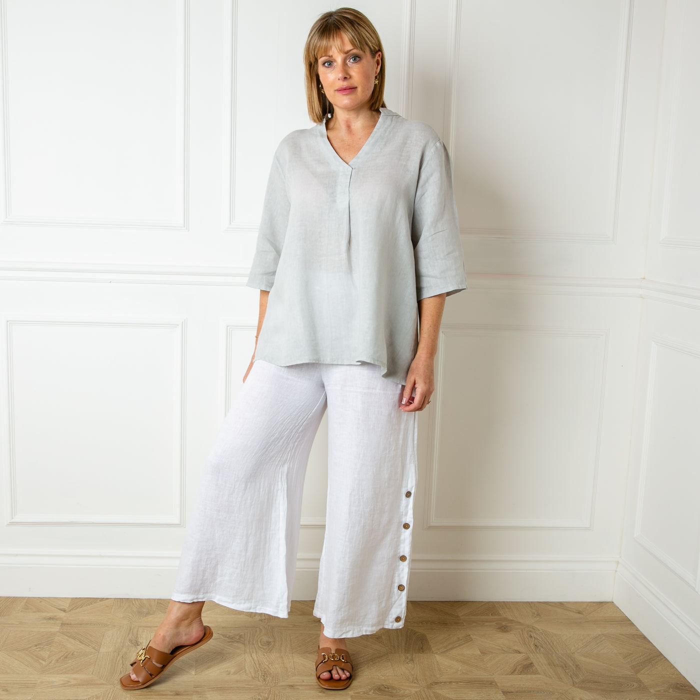 The Linen Tunic Top in dove grey made from 100% linen for a lightweight summer look