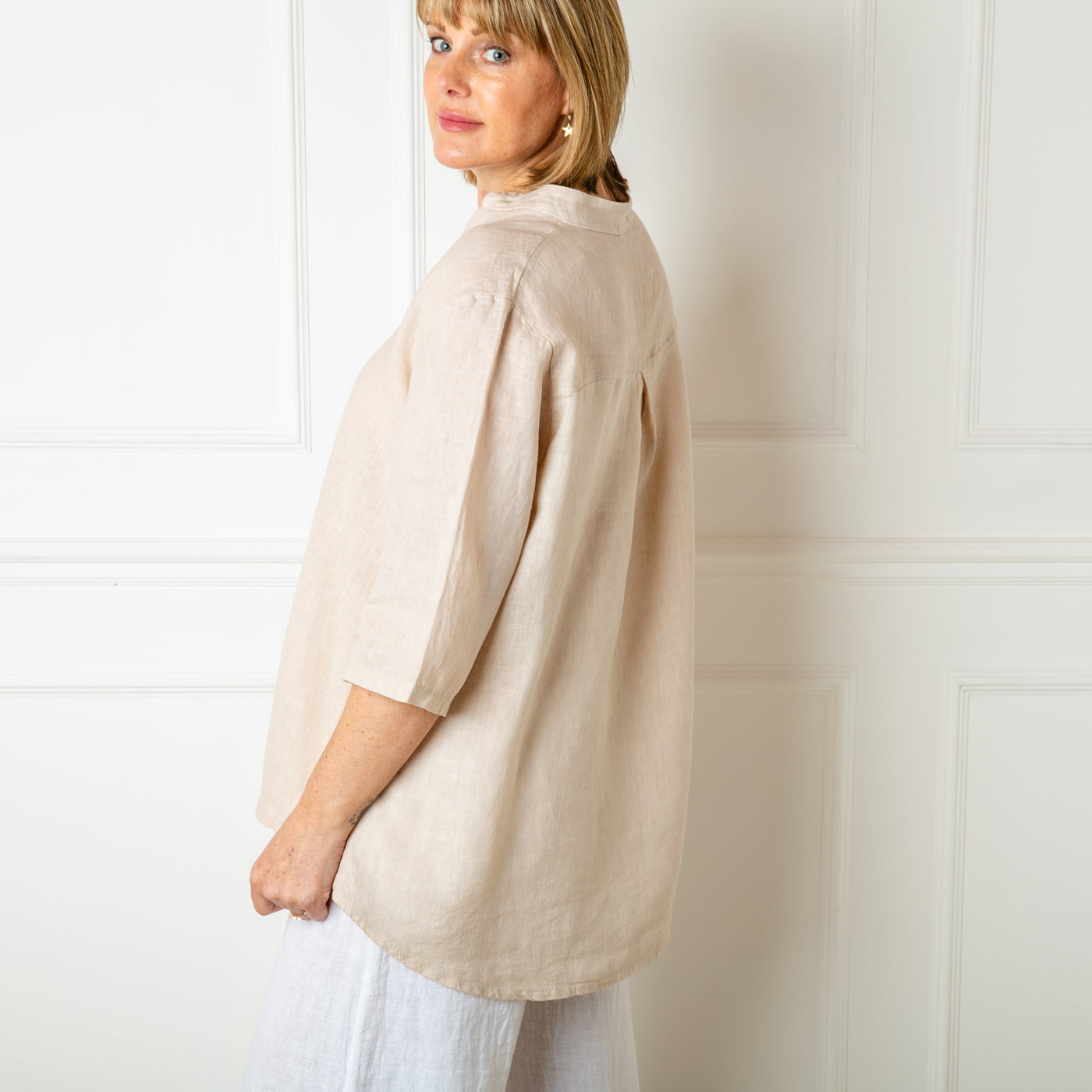 The Linen Tunic Top in natural cream stone made from 100% linen for a lightweight summer look