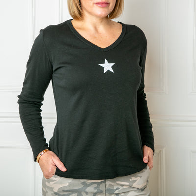The black Long Sleeve Star Top with a small printed star design across the bust