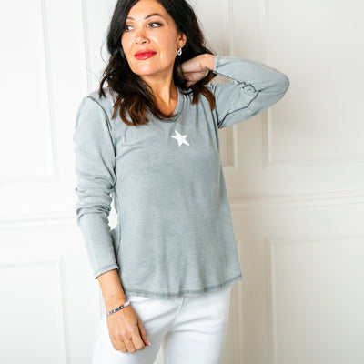 The charcoal grey Long Sleeve Star Top with a v necklien and full length sleeves