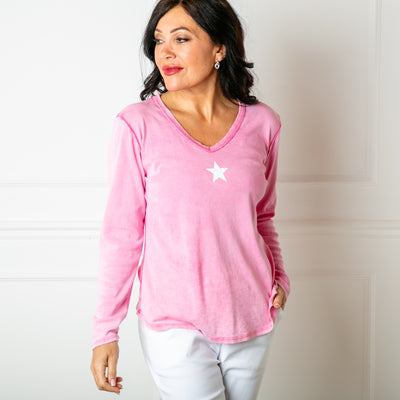 The pink Long Sleeve Star Top with a v necklien and full length sleeves