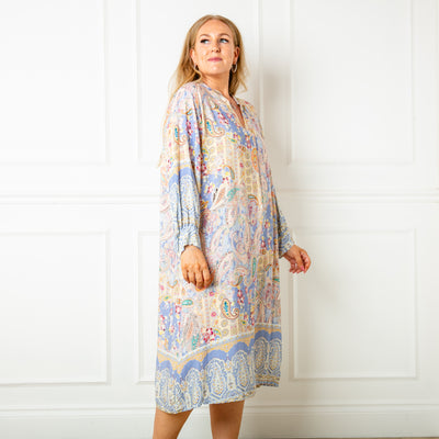 The lilac Long Sleeve Paisley Dress with a collarless V neckline