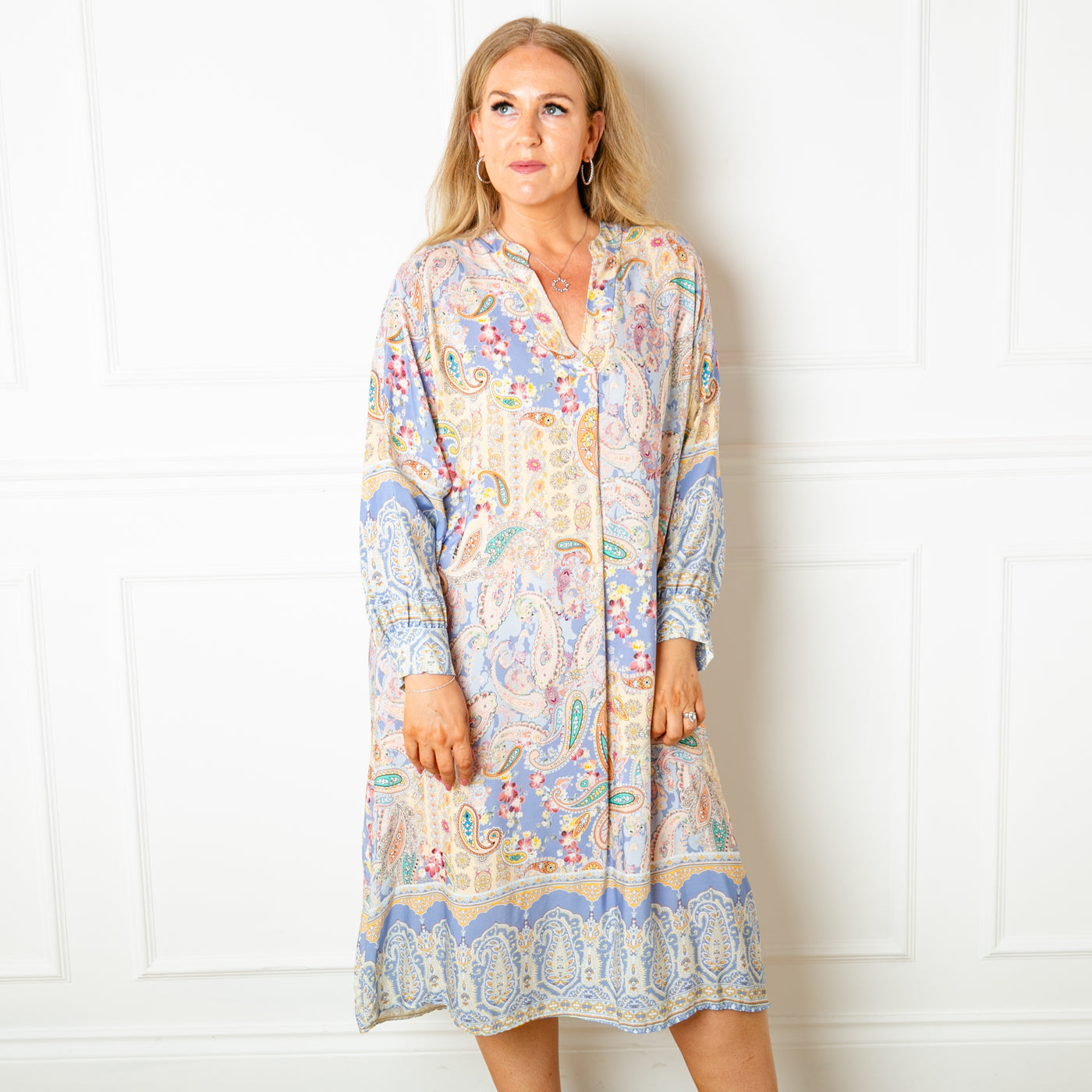 The lilac purple Long Sleeve Paisley Dress with button fastenings on the cuffs 