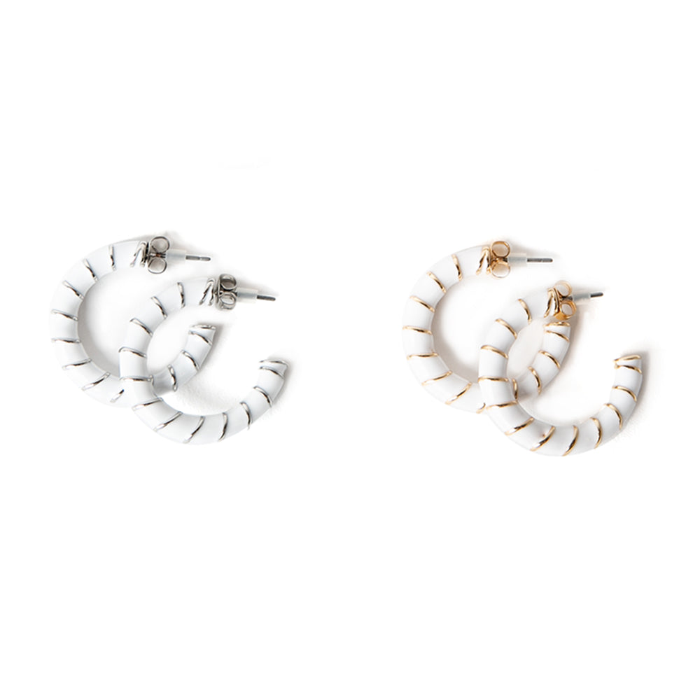The Lucy earring in white with metal stripes, Available in gold or silver plating 