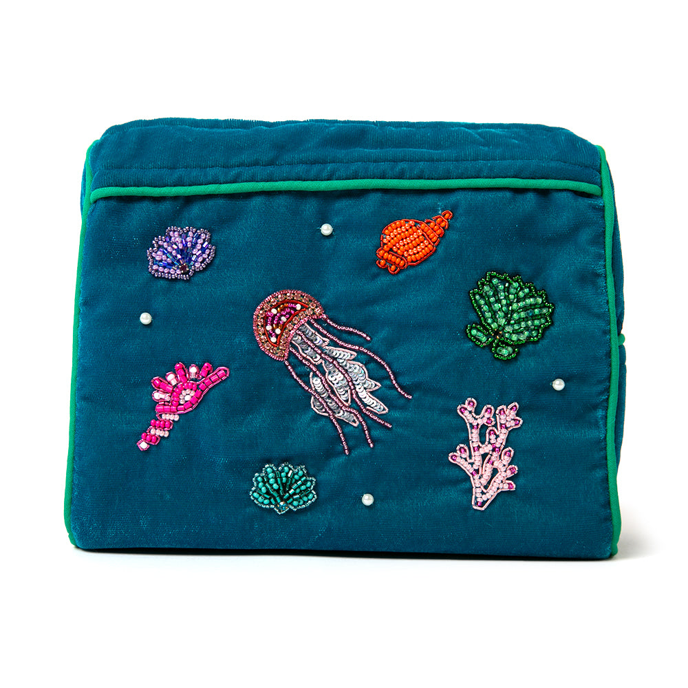The Jellyfish My Doris Makeup Bag featuring a beautiful beaded design on the front