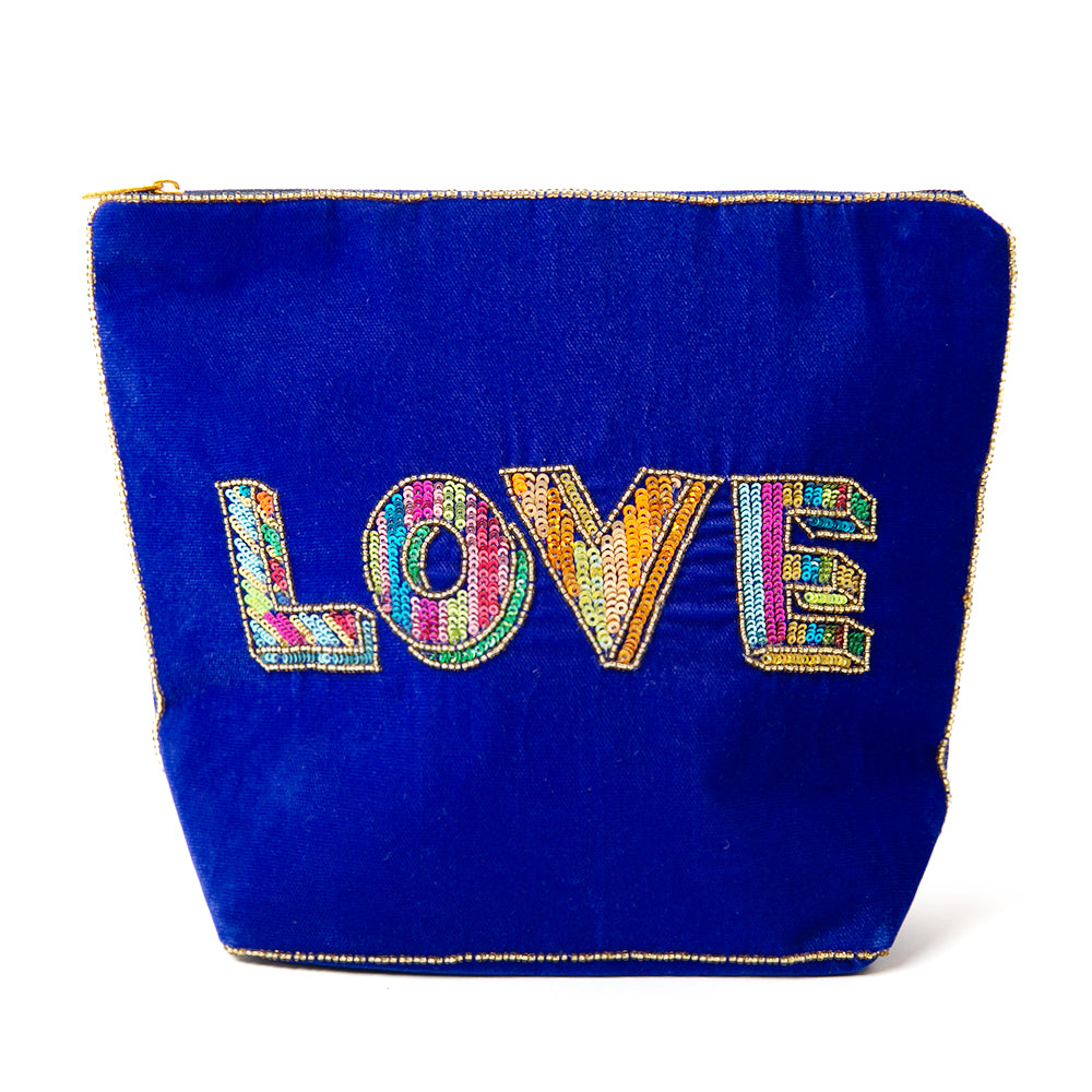 The Love Letter My Doris Makeup Bag featuring a beautiful beaded design on the front