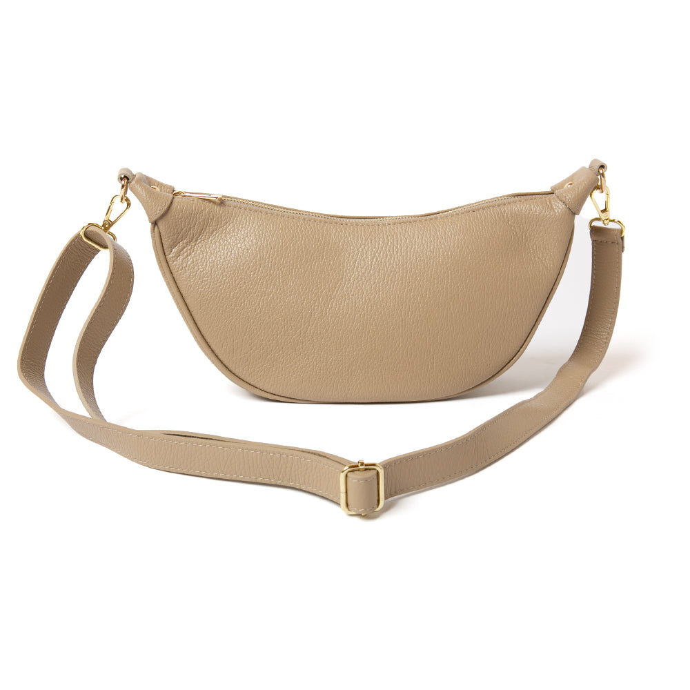 The Taupe brown Manhattan Leather Crossbody Handbag with a matching detachable strap and gold coloured hardware