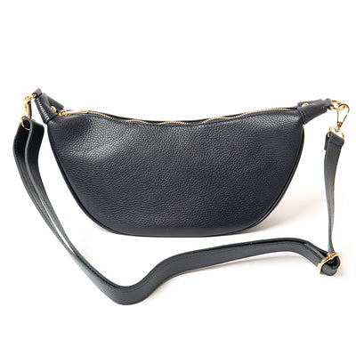 The navy blue Manhattan Leather Crossbody Handbag with a matching detachable strap and gold coloured hardware