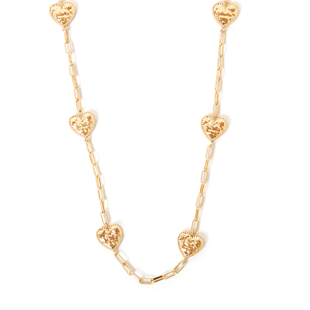 Mehri Long Necklace in gold with beautiful hammered textured heart pendants along a wide link chain