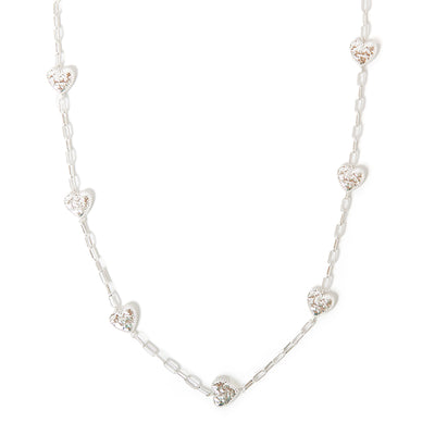 Mehri Long Necklace in silver with beautiful hammered textured heart pendants along a wide link chain