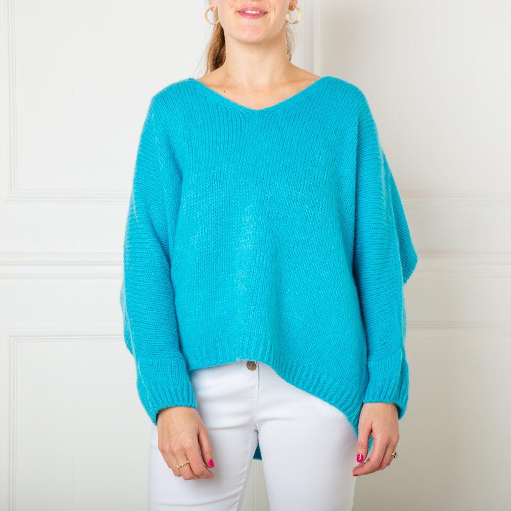 The aqua blue Mohair V Neck Jumper with long sleeves and a v neckline