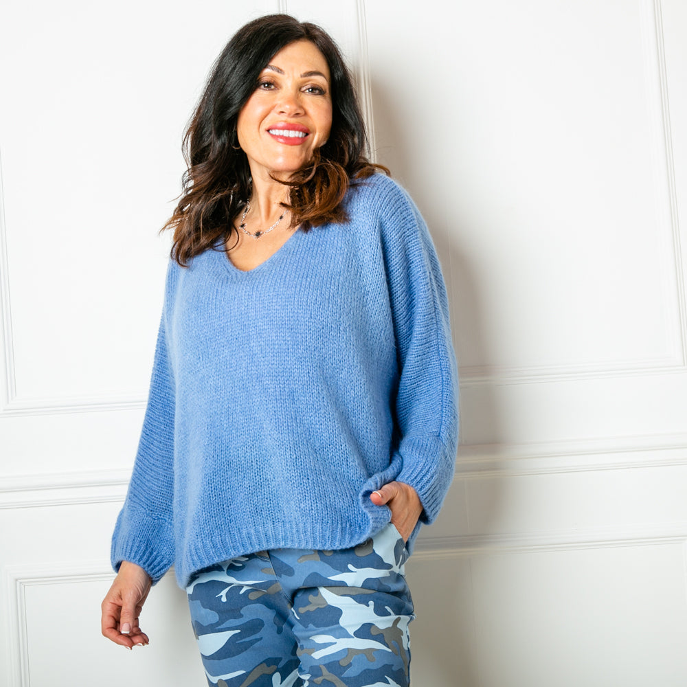 The denim blue Mohair V Neck Jumper with long sleeves and a v neckline