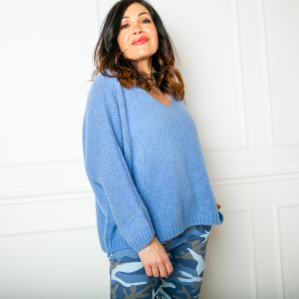 The denim blue Mohair V Neck Jumper, our bestselling jumper, which is great for layering