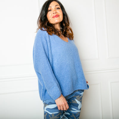 The denim blue Mohair V Neck Jumper, our bestselling jumper, which is great for layering
