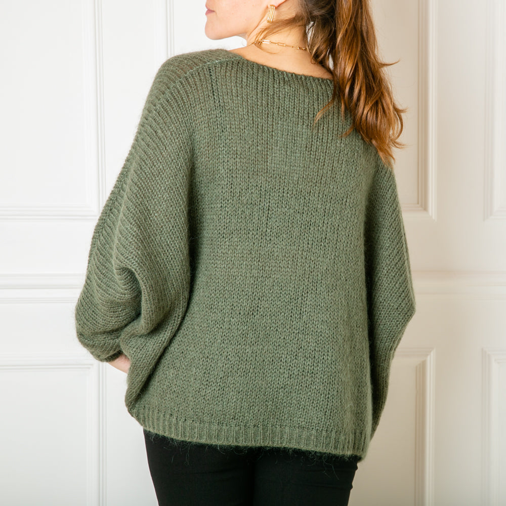 The khaki green Mohair V Neck Jumper, our bestselling jumper, which is great for layering