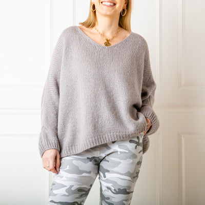 The light grey Mohair V Neck Jumper with long sleeves and a v neckline