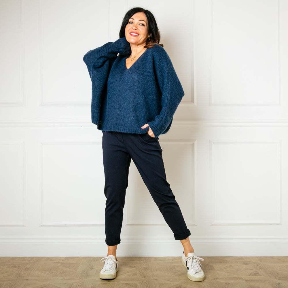 The navy blue Mohair V Neck Jumper, our bestselling jumper, which is great for layering