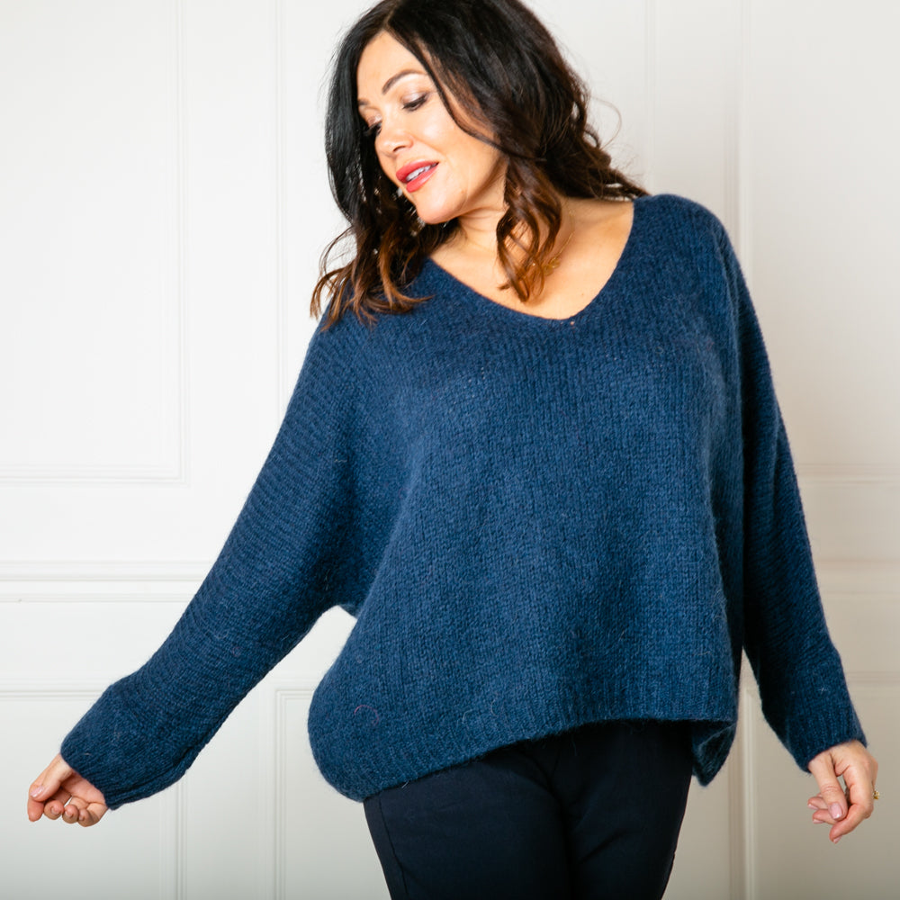 The navy blue Mohair V Neck Jumper with long sleeves and a v neckline