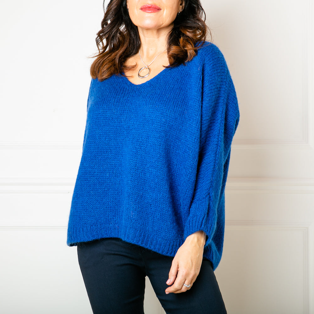 The royal blue Mohair V Neck Jumper with long sleeves and a v neckline