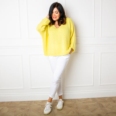 The lemon yellow Mohair V Neck Jumper with long sleeves and a v neckline
