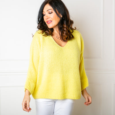 The lemon yellow Mohair V Neck Jumper, our bestselling jumper, which is great for layering