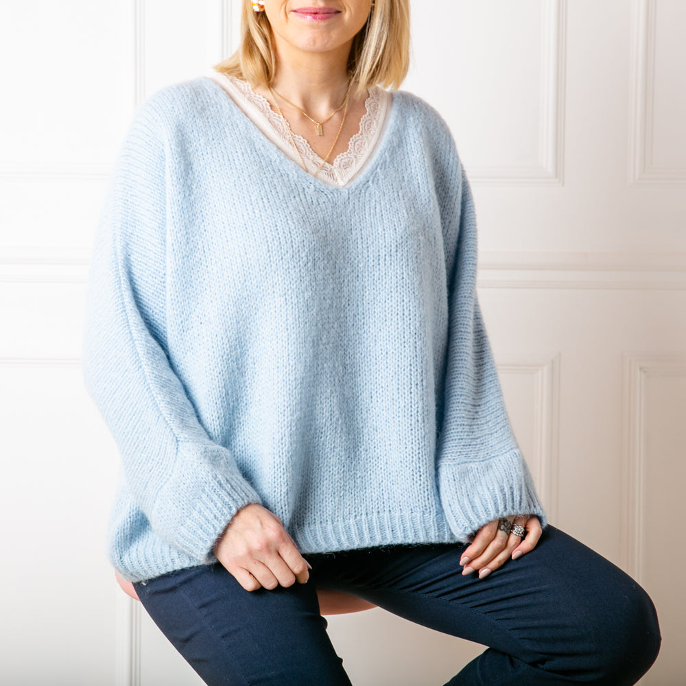 The baby blue Mohair V Neck Jumper with long sleeves and a v neckline