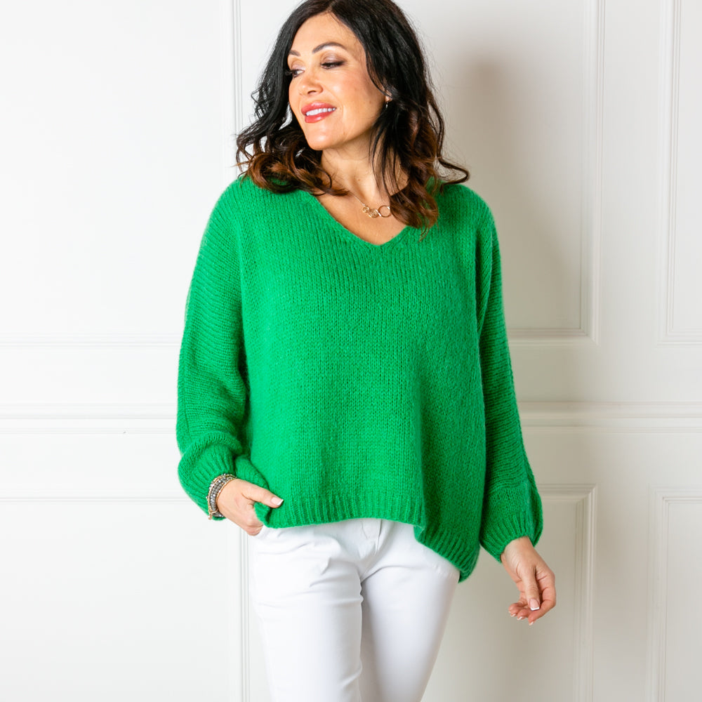 The emerald green Mohair V Neck Jumper with long sleeves and a v neckline
