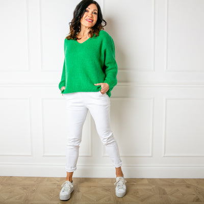 The emerald green Mohair V Neck Jumper, our bestselling jumper, which is great for layering
