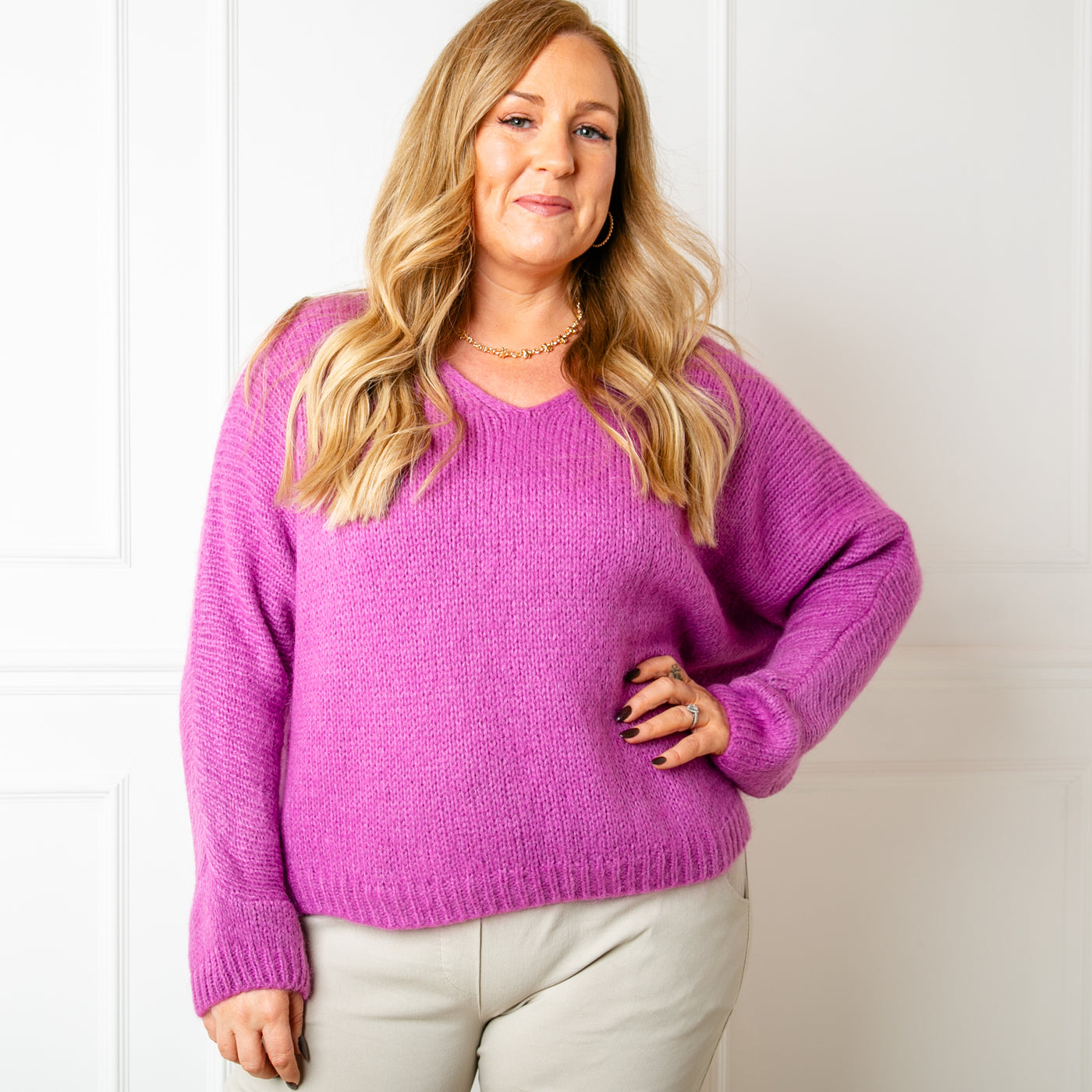 The plum purple Mohair V Neck Jumper with long sleeves and a v neckline
