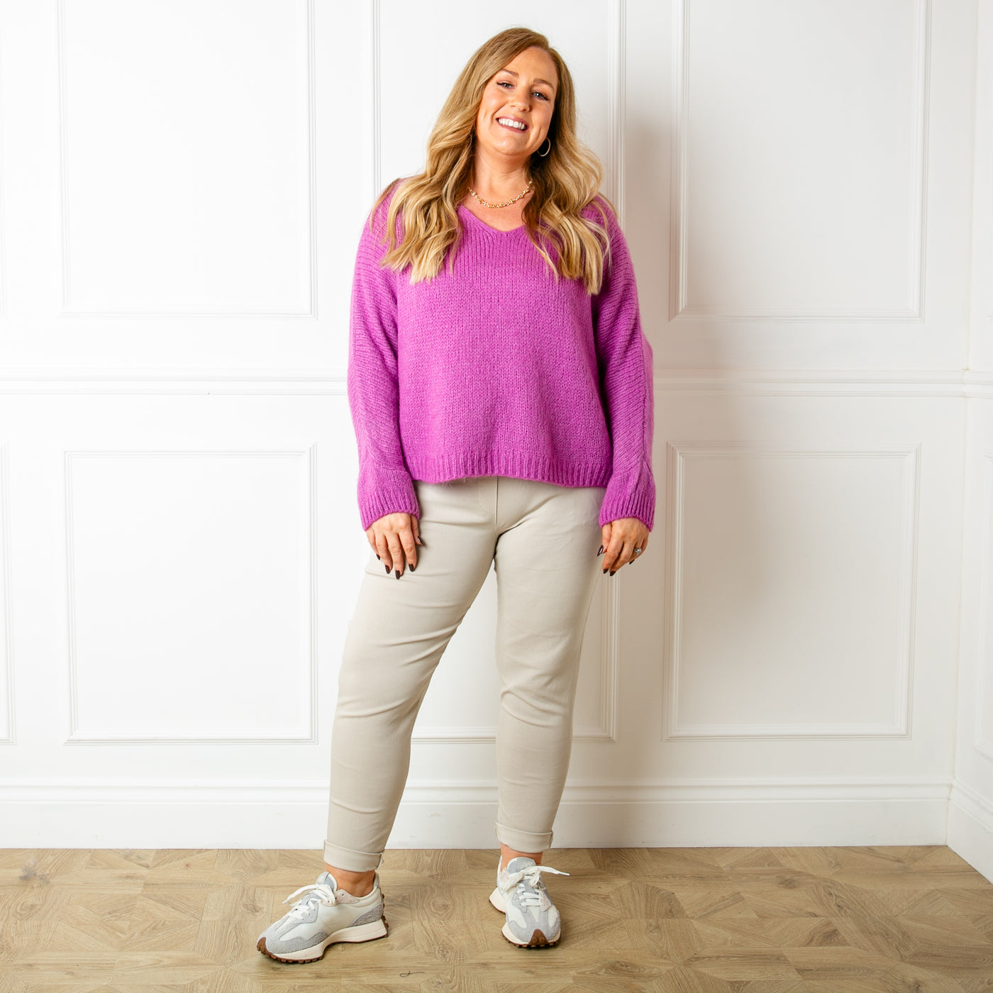 The plum purple Mohair V Neck Jumper, our bestselling jumper, which is great for layering