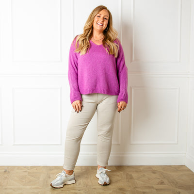 The plum purple Mohair V Neck Jumper, our bestselling jumper, which is great for layering