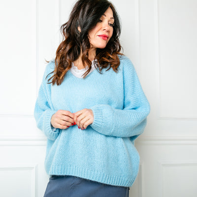 The sky blue Mohair V Neck Jumper, our bestselling jumper, which is great for layering