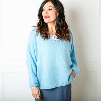 The sky blue Mohair V Neck Jumper with long sleeves and a v neckline