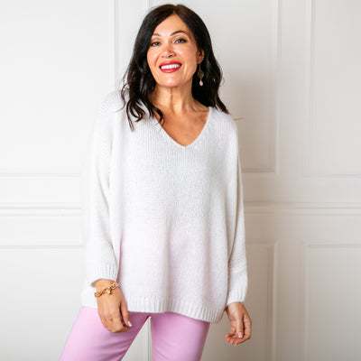 The white Mohair V Neck Jumper with long sleeves and a v neckline