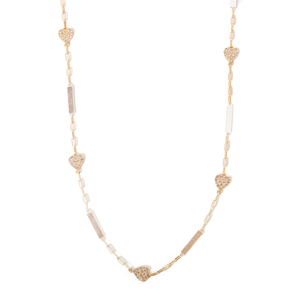 The Morgan Necklace in gold with sparkly heart pendants spread across the chain